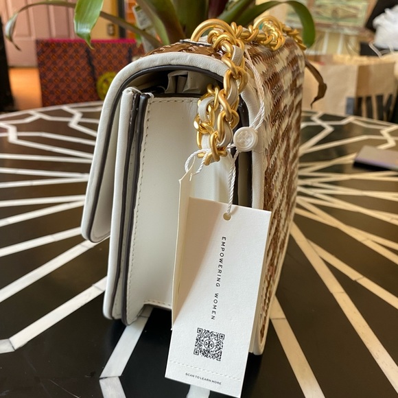 Tory Burch Britten Multicolor Cream & Pink Woven Small Adjustable Shoulder Bag - Picture 12 of 15